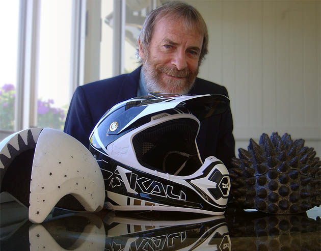 
 Inventor Don E Morgan with examples of his soon to 
 be released Cone-Head® motorcycle helmet technology 
